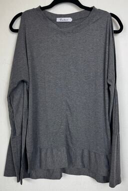 Fashion Gray Cold Shoulder Long Sleeve Blouse Women's Large